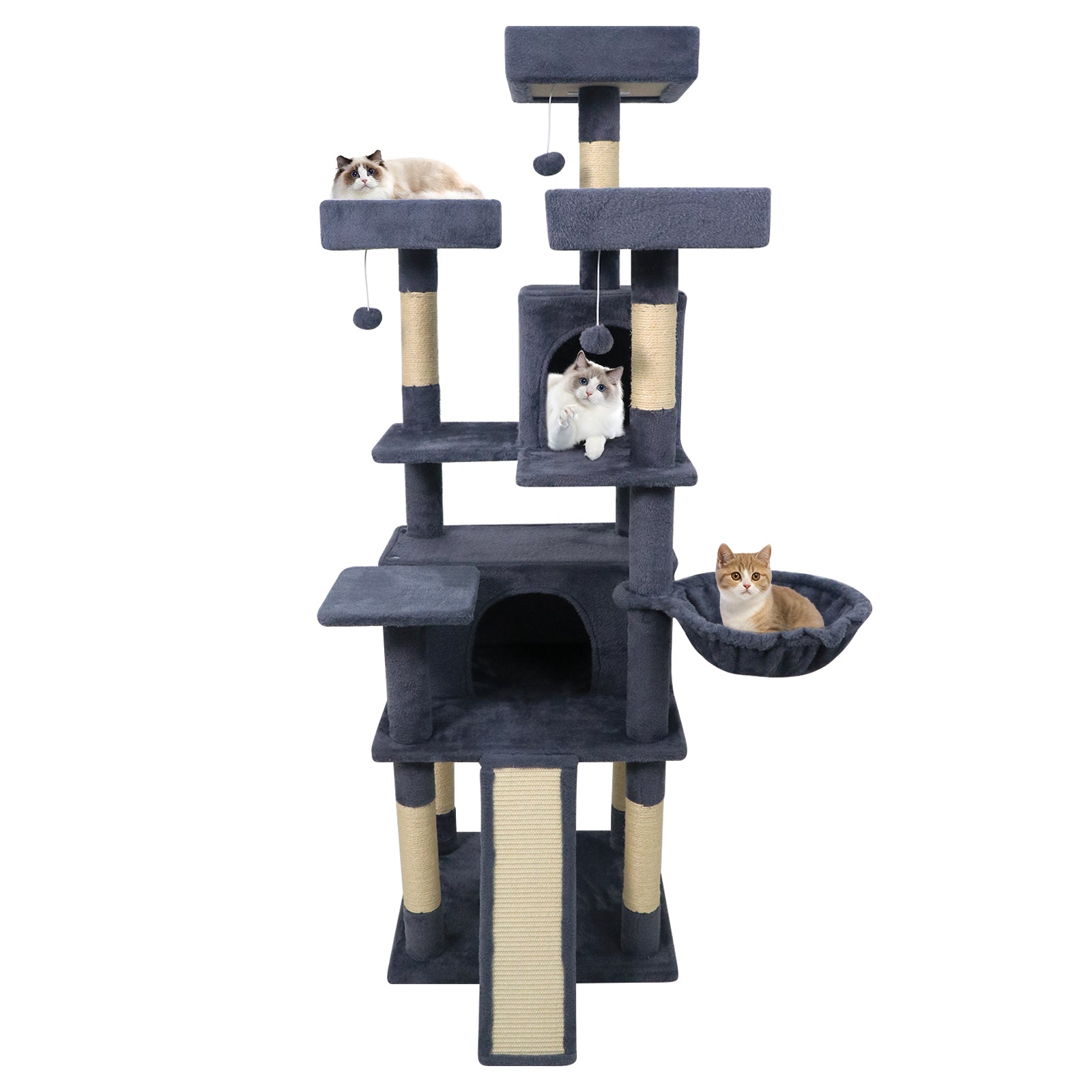 65 Inch Tall Multi-level Cat Tree with 3 Upholstered Perch and 2 Cat Condos, Dark Gray Cat Trees Condos & Scratchers at Gallery Canada