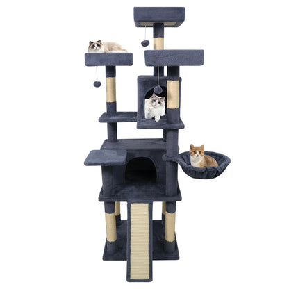 65 Inch Tall Multi-level Cat Tree with 3 Upholstered Perch and 2 Cat Condos, Dark Gray Cat Trees Condos & Scratchers at Gallery Canada