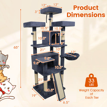 65 Inch Tall Multi-level Cat Tree with 3 Upholstered Perch and 2 Cat Condos, Dark Gray Cat Trees Condos & Scratchers at Gallery Canada