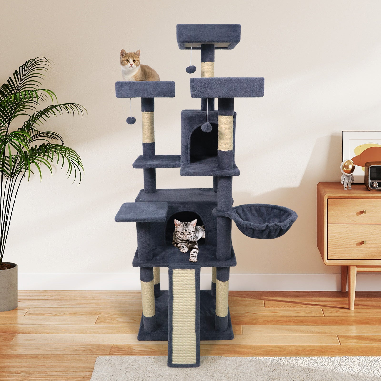 65 Inch Tall Multi-level Cat Tree with 3 Upholstered Perch and 2 Cat Condos, Dark Gray Cat Trees Condos & Scratchers at Gallery Canada