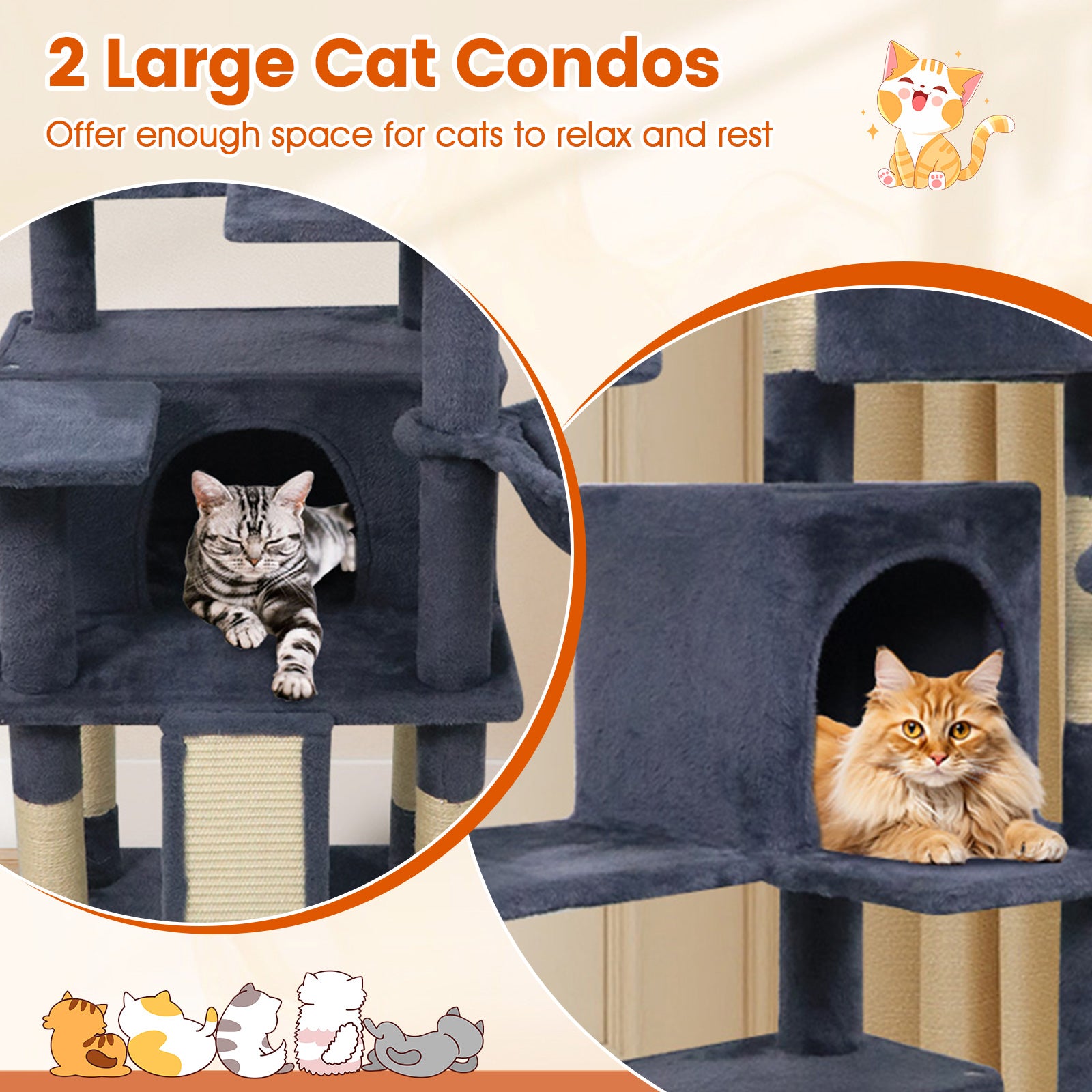 65 Inch Tall Multi-level Cat Tree with 3 Upholstered Perch and 2 Cat Condos, Dark Gray Cat Trees Condos & Scratchers at Gallery Canada