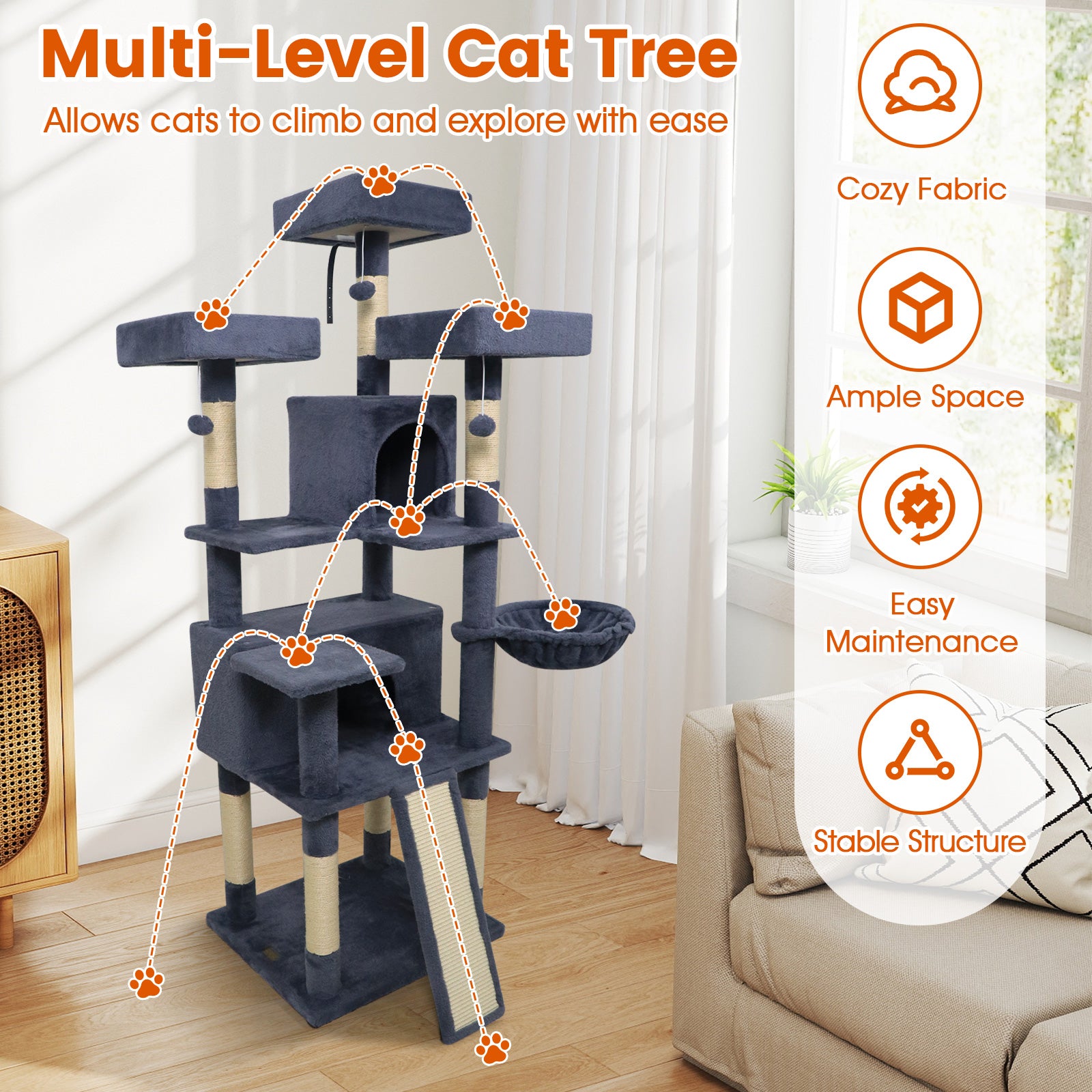 65 Inch Tall Multi-level Cat Tree with 3 Upholstered Perch and 2 Cat Condos, Dark Gray Cat Trees Condos & Scratchers at Gallery Canada