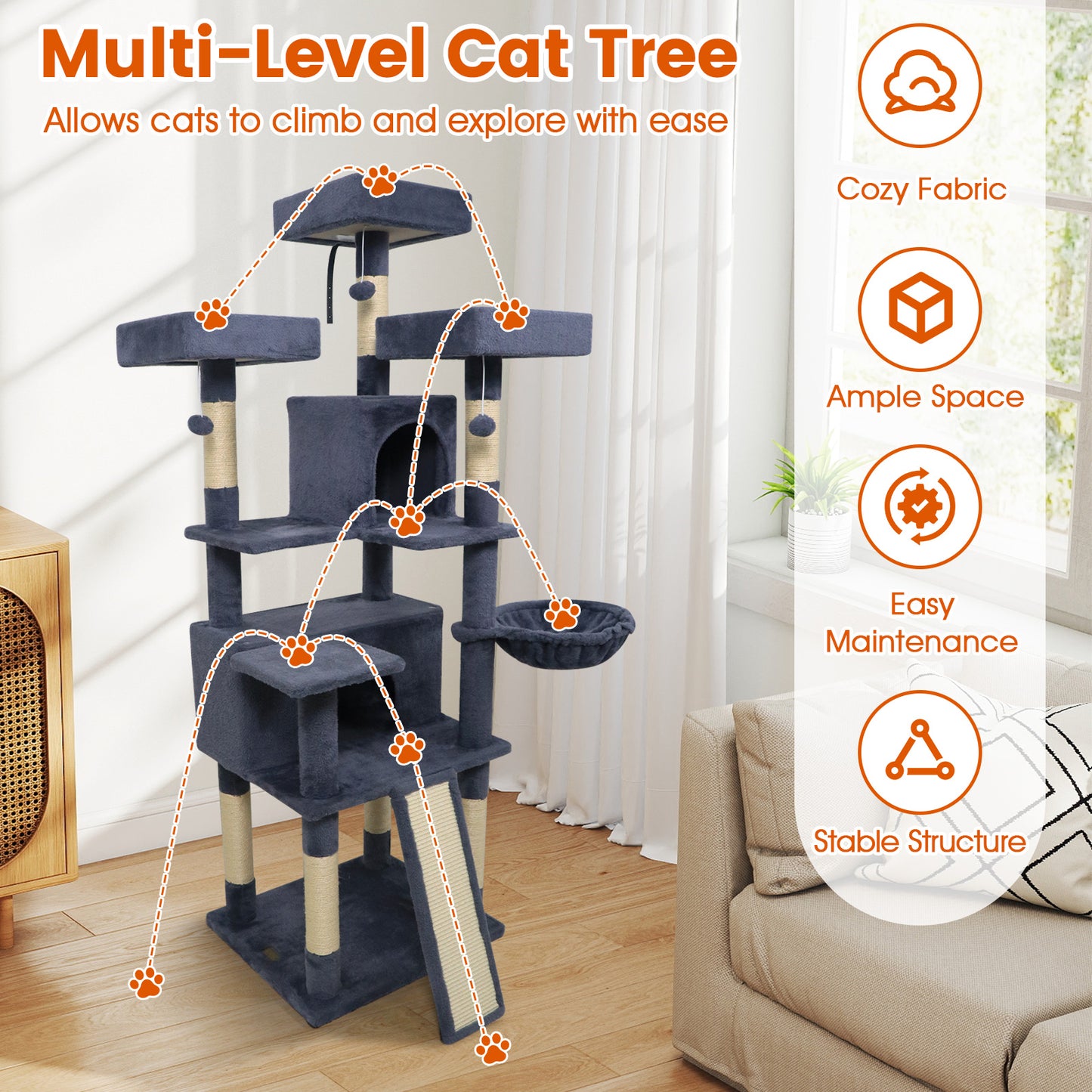 65 Inch Tall Multi-level Cat Tree with 3 Upholstered Perch and 2 Cat Condos, Dark Gray Cat Trees Condos & Scratchers at Gallery Canada