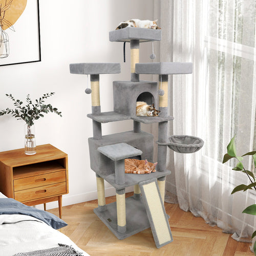 65 Inch Tall Multi-level Cat Tree with 3 Upholstered Perch and 2 Cat Condos, Light Gray