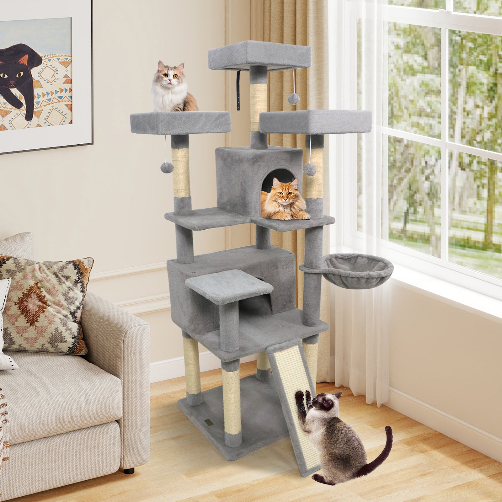 65 Inch Tall Multi-level Cat Tree with 3 Upholstered Perch and 2 Cat Condos, Light Gray Cat Trees Condos & Scratchers at Gallery Canada