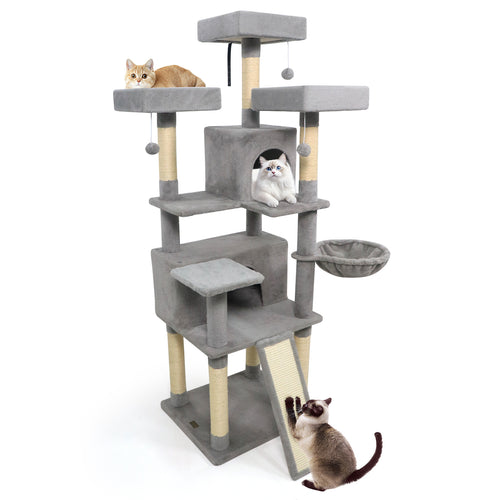 65 Inch Tall Multi-level Cat Tree with 3 Upholstered Perch and 2 Cat Condos, Light Gray