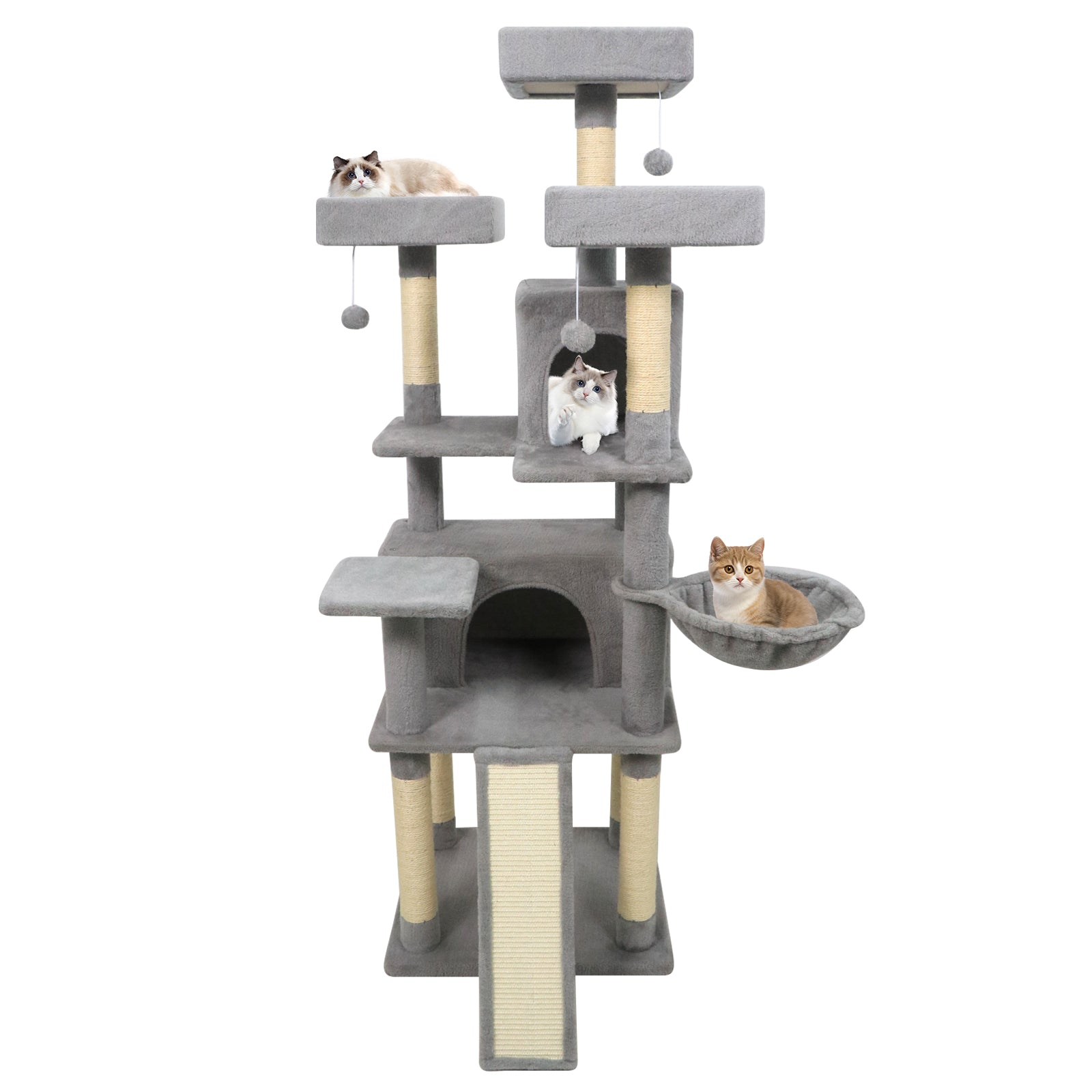 65 Inch Tall Multi-level Cat Tree with 3 Upholstered Perch and 2 Cat Condos, Light Gray Cat Trees Condos & Scratchers at Gallery Canada