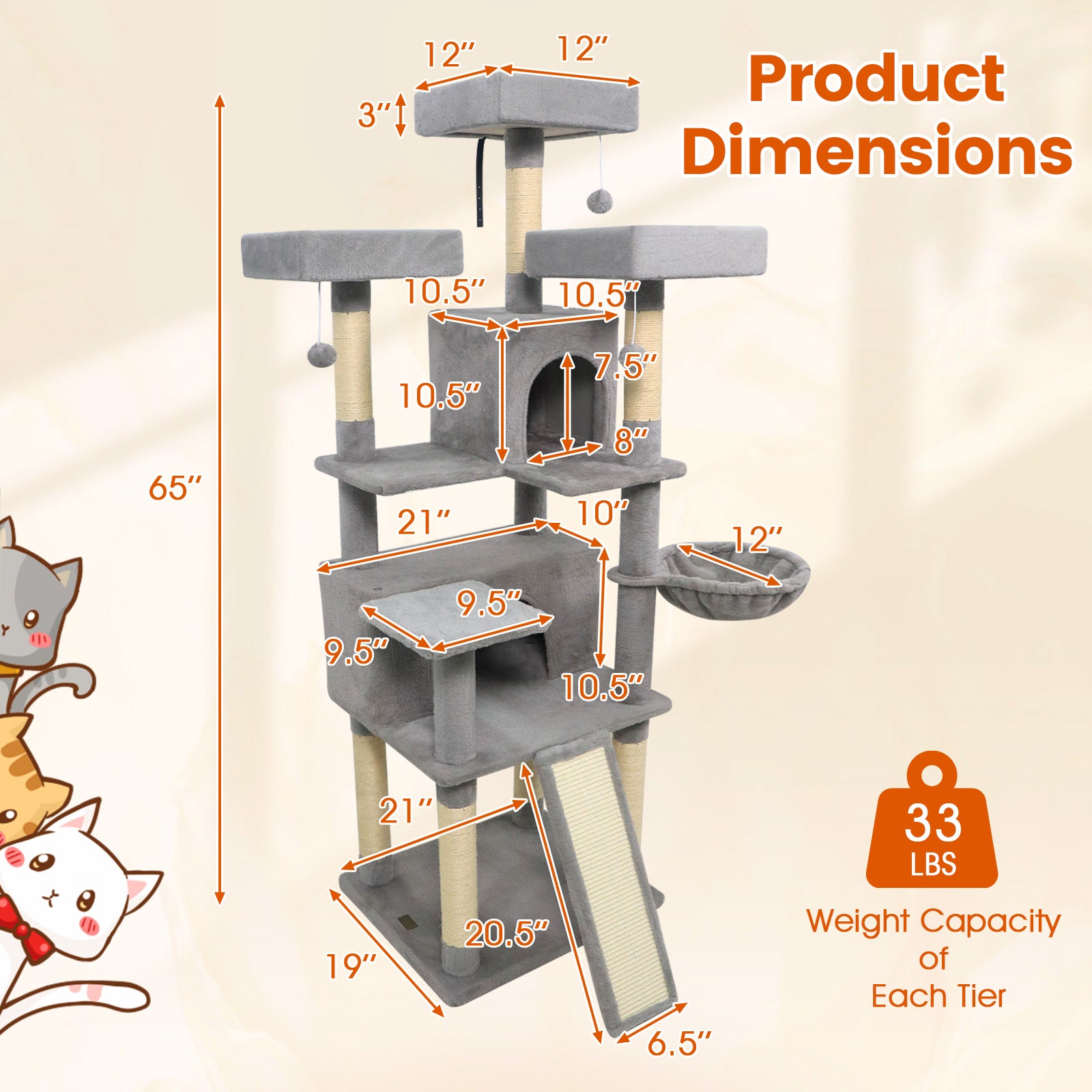 65 Inch Tall Multi-level Cat Tree with 3 Upholstered Perch and 2 Cat Condos, Light Gray Cat Trees Condos & Scratchers at Gallery Canada