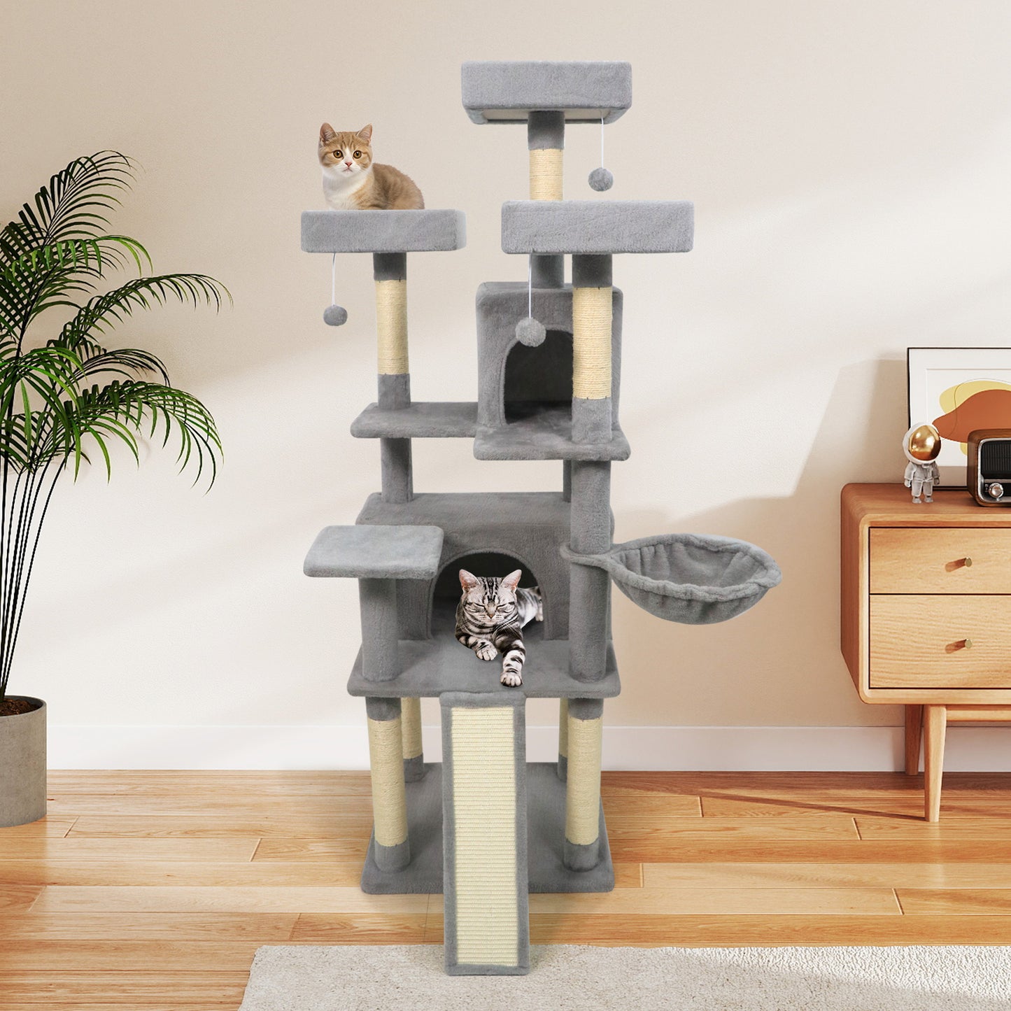 65 Inch Tall Multi-level Cat Tree with 3 Upholstered Perch and 2 Cat Condos, Light Gray Cat Trees Condos & Scratchers at Gallery Canada