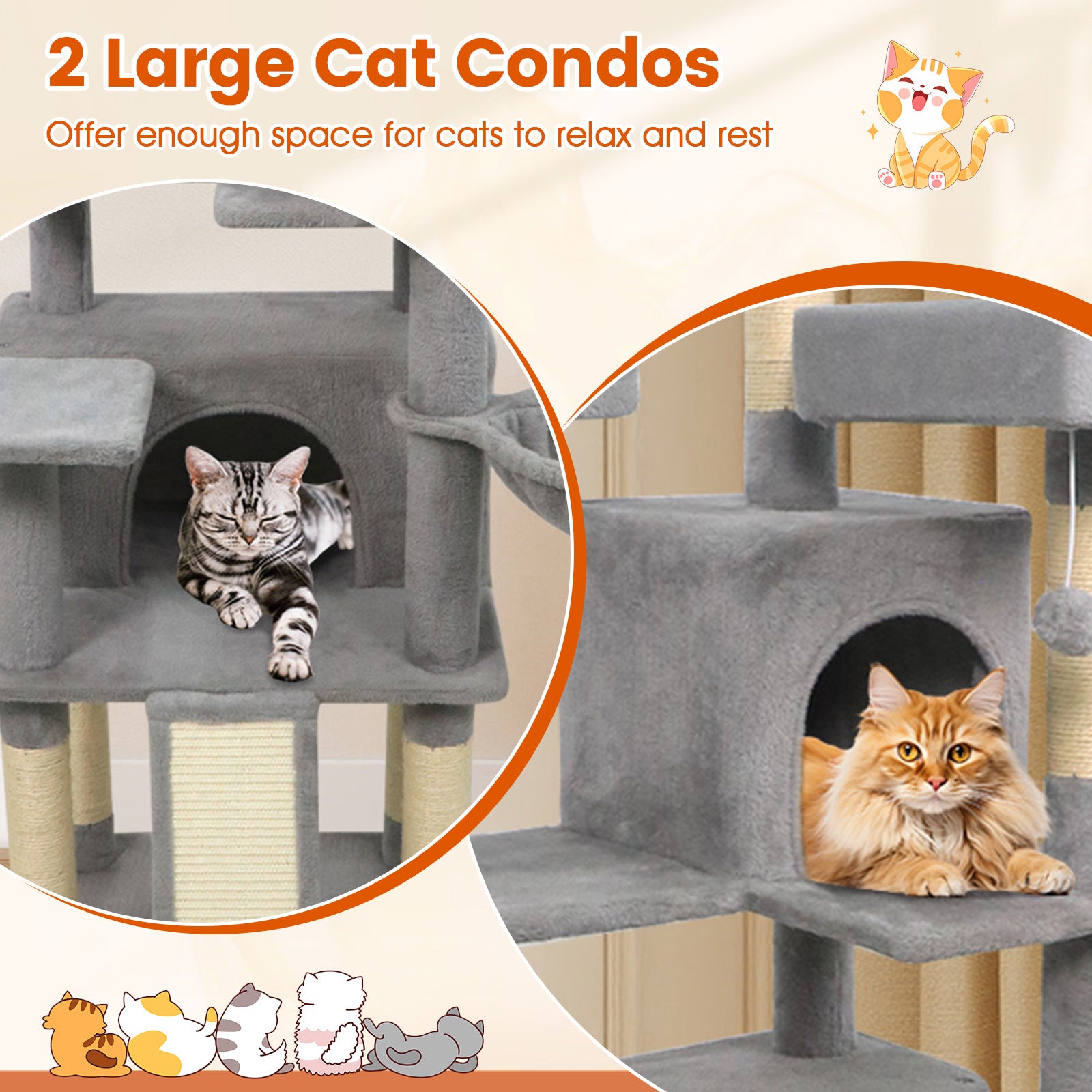 65 Inch Tall Multi-level Cat Tree with 3 Upholstered Perch and 2 Cat Condos, Light Gray Cat Trees Condos & Scratchers at Gallery Canada