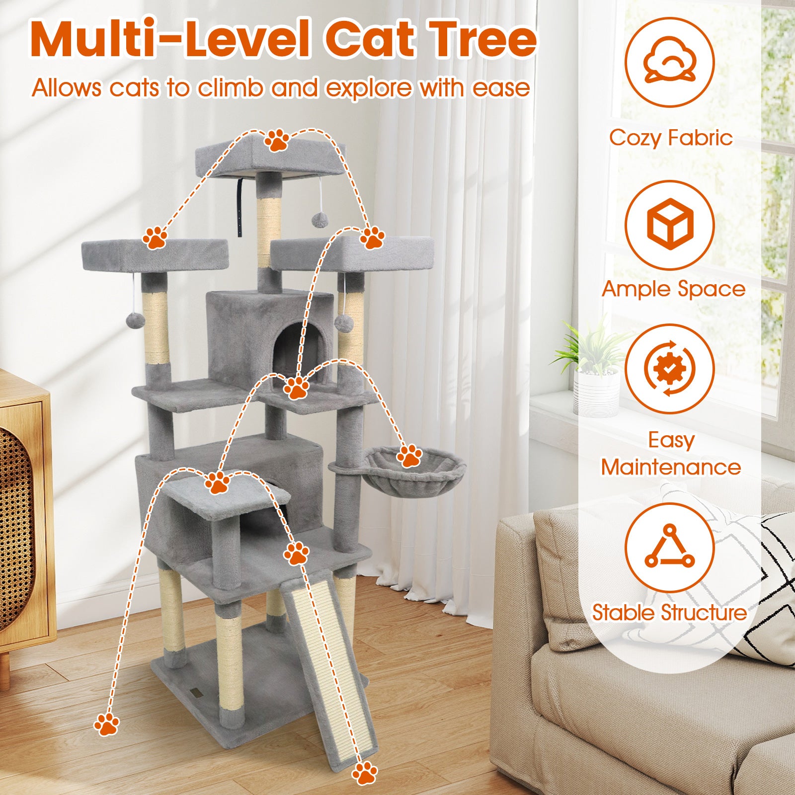 65 Inch Tall Multi-level Cat Tree with 3 Upholstered Perch and 2 Cat Condos, Light Gray Cat Trees Condos & Scratchers at Gallery Canada