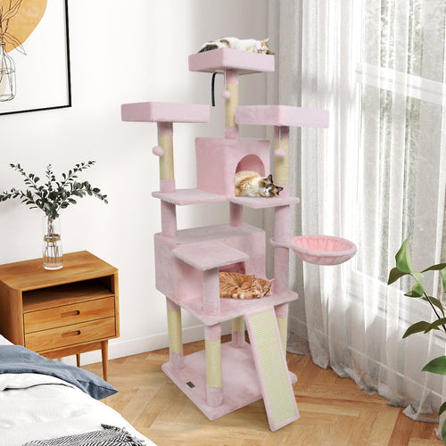 65 Inch Tall Multi-level Cat Tree with 3 Upholstered Perch and 2 Cat Condos, Pink