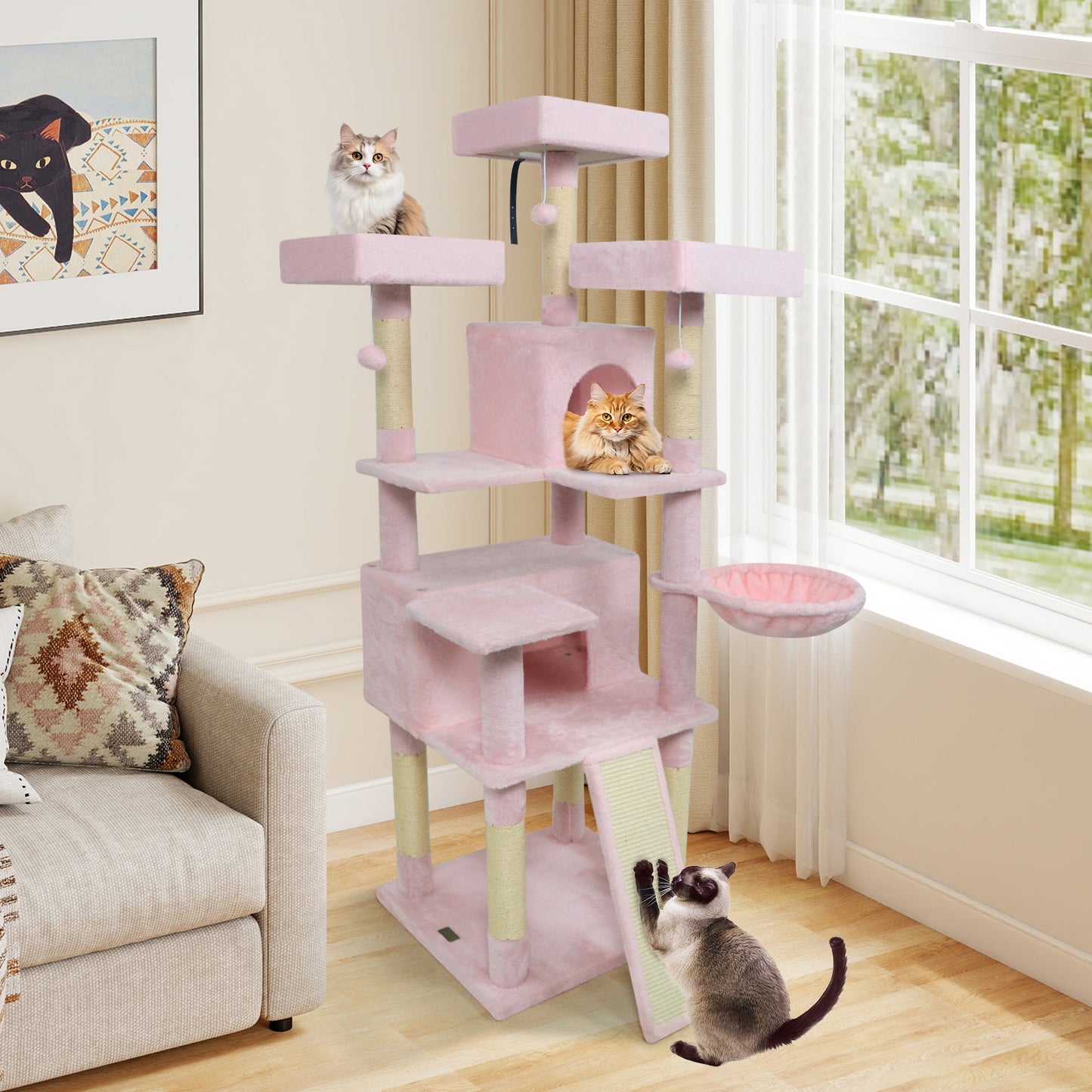 65 Inch Tall Multi-level Cat Tree with 3 Upholstered Perch and 2 Cat Condos, Pink Cat Trees Condos & Scratchers at Gallery Canada