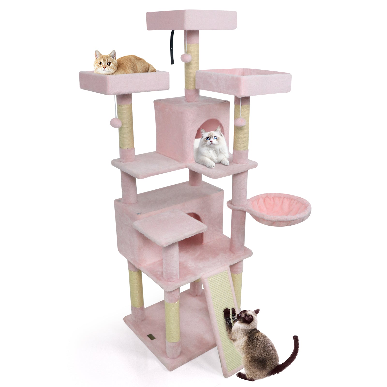 65 Inch Tall Multi-level Cat Tree with 3 Upholstered Perch and 2 Cat Condos, Pink Cat Trees Condos & Scratchers Pink at Gallery Canada