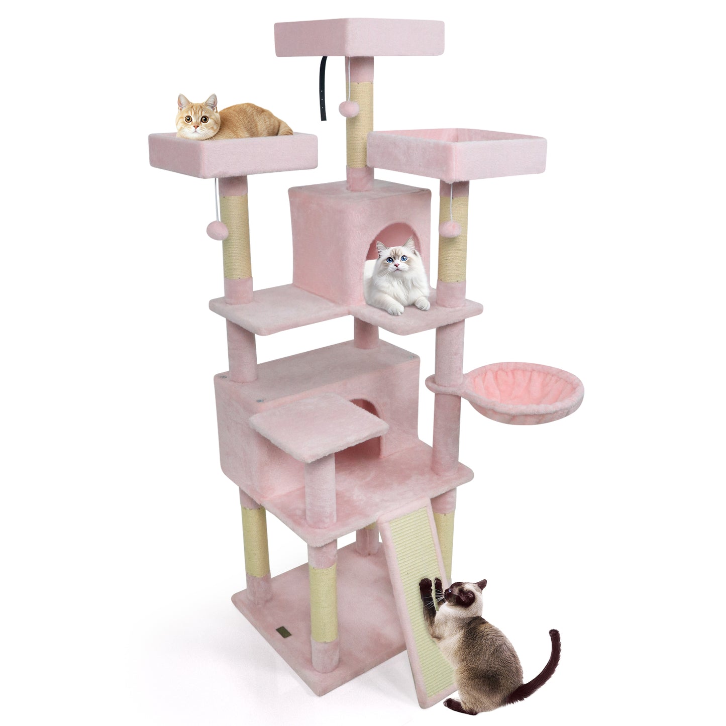 65 Inch Tall Multi-level Cat Tree with 3 Upholstered Perch and 2 Cat Condos, Pink Cat Trees Condos & Scratchers Pink at Gallery Canada