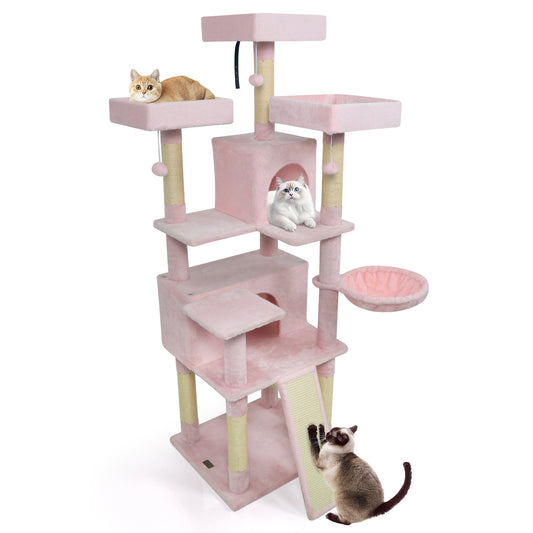 65 Inch Tall Multi-level Cat Tree with 3 Upholstered Perch and 2 Cat Condos, Pink Cat Trees Condos & Scratchers Pink at Gallery Canada