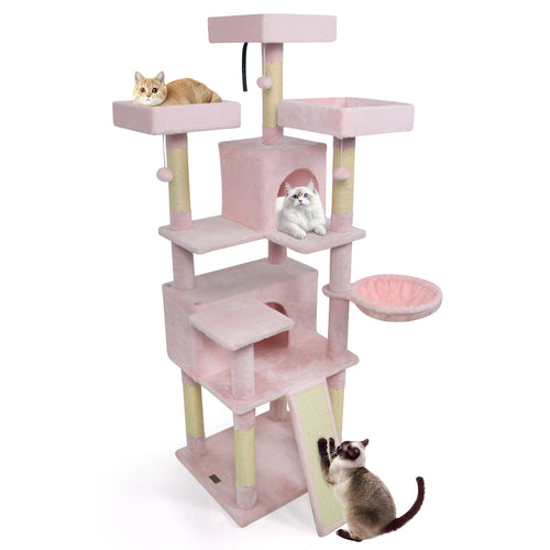 65 Inch Tall Multi-level Cat Tree with 3 Upholstered Perch and 2 Cat Condos, Pink