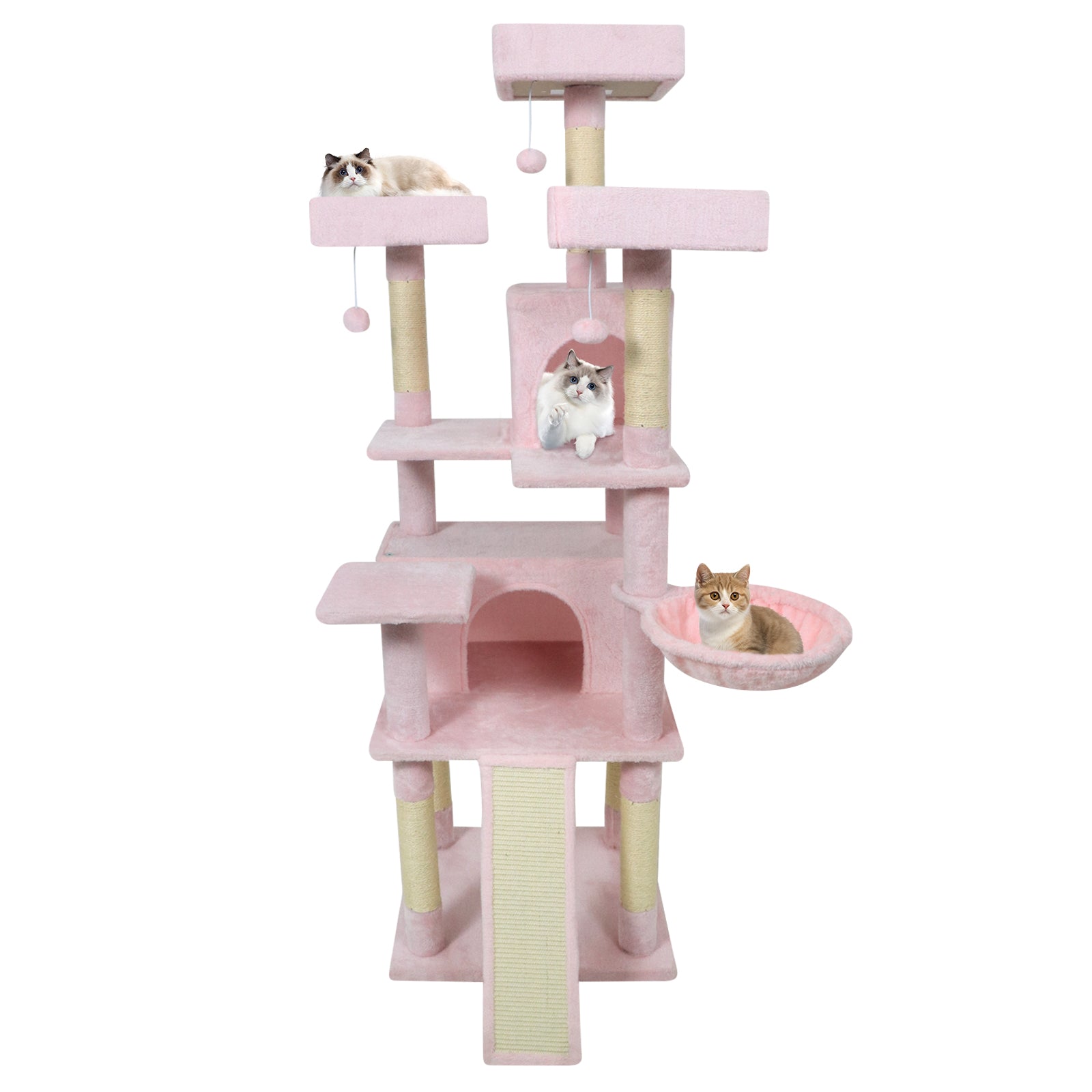 65 Inch Tall Multi-level Cat Tree with 3 Upholstered Perch and 2 Cat Condos, Pink Cat Trees Condos & Scratchers at Gallery Canada