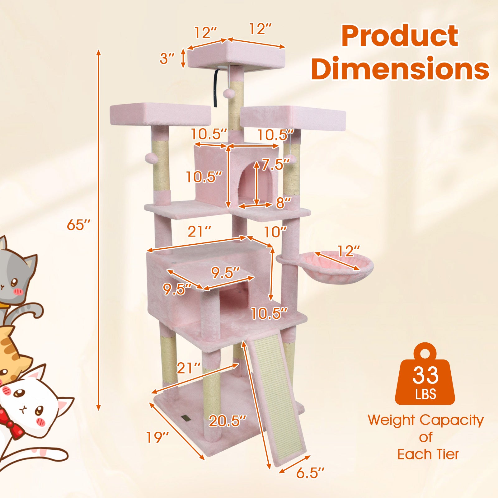 65 Inch Tall Multi-level Cat Tree with 3 Upholstered Perch and 2 Cat Condos, Pink Cat Trees Condos & Scratchers at Gallery Canada