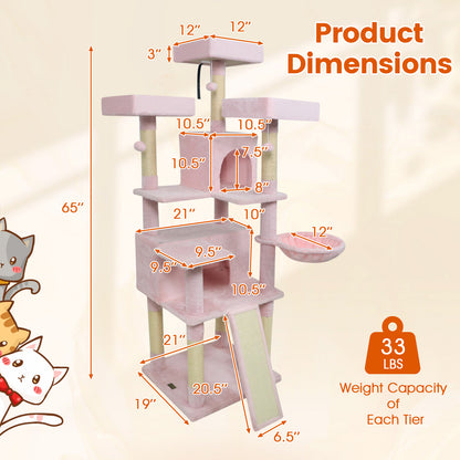 65 Inch Tall Multi-level Cat Tree with 3 Upholstered Perch and 2 Cat Condos, Pink Cat Trees Condos & Scratchers at Gallery Canada