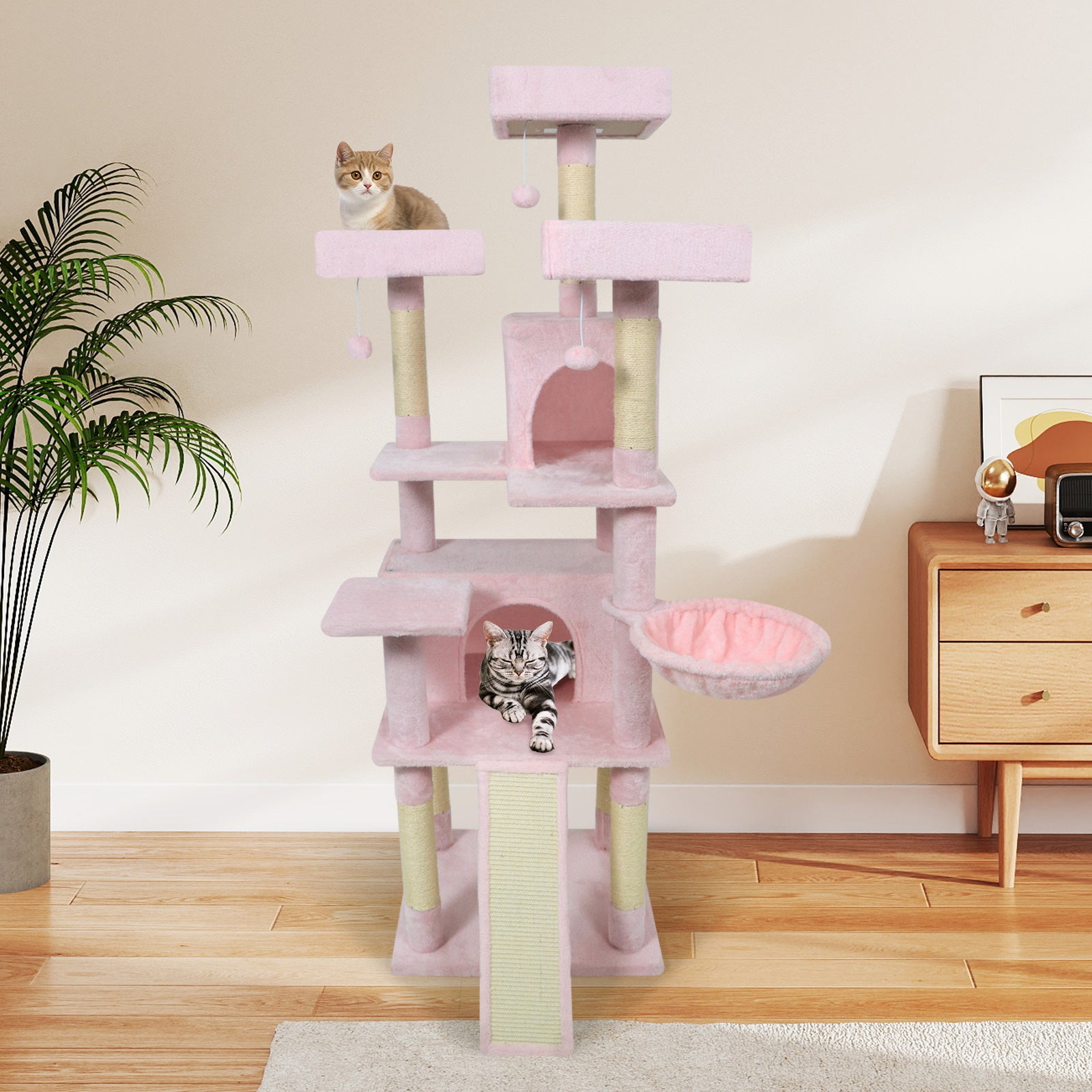 65 Inch Tall Multi-level Cat Tree with 3 Upholstered Perch and 2 Cat Condos, Pink Cat Trees Condos & Scratchers at Gallery Canada