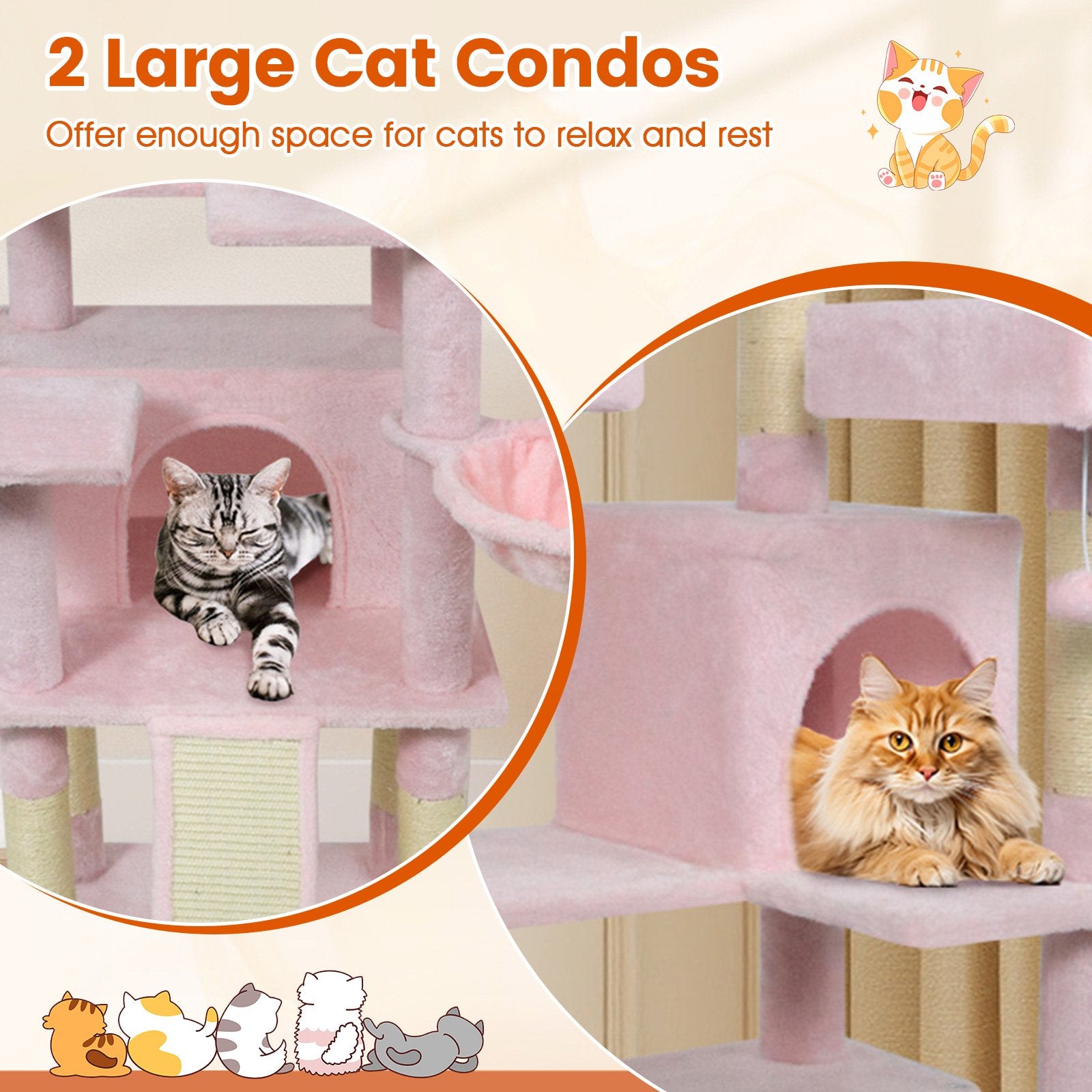 65 Inch Tall Multi-level Cat Tree with 3 Upholstered Perch and 2 Cat Condos, Pink Cat Trees Condos & Scratchers at Gallery Canada
