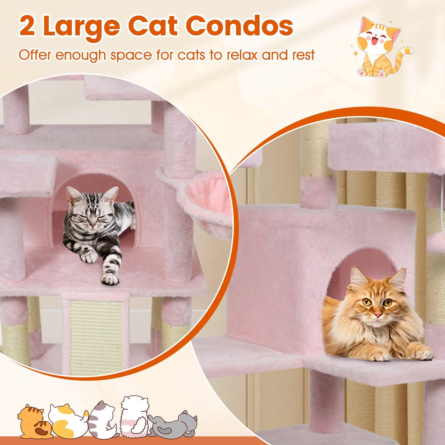 65 Inch Tall Multi-level Cat Tree with 3 Upholstered Perch and 2 Cat Condos, Pink Cat Trees Condos & Scratchers at Gallery Canada