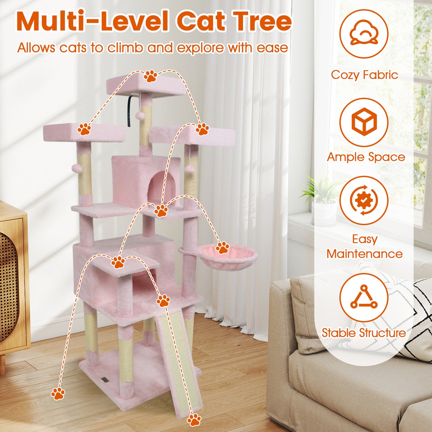 65 Inch Tall Multi-level Cat Tree with 3 Upholstered Perch and 2 Cat Condos, Pink Cat Trees Condos & Scratchers at Gallery Canada