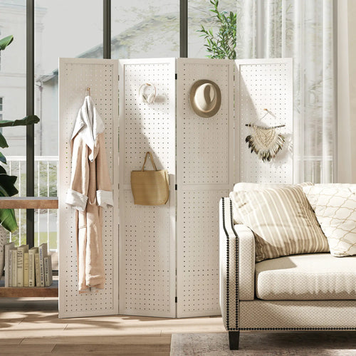 5.6 Ft. Tall 4-Panel Room Divider, Pegboard Privacy Screen, White