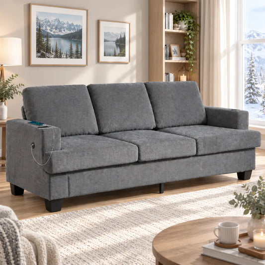 3 Seater Sofa with USB Ports, Cup Holders, Chenille Upholstery, Grey 3-Seater Sofas Grey at Gallery Canada