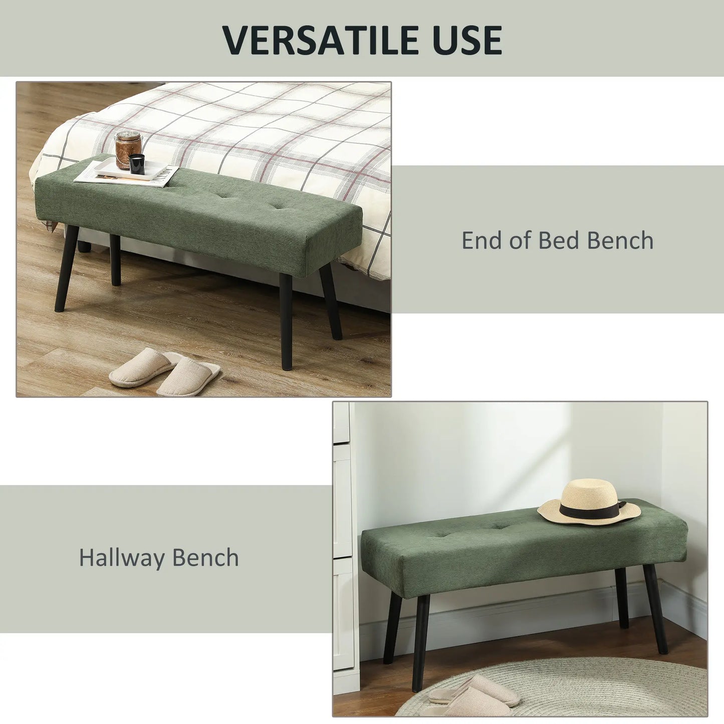 39" Upholstered Ottoman Bench, Corduroy, Padded Seat, Steel Legs, Green Storage Ottomans & Benches at Gallery Canada