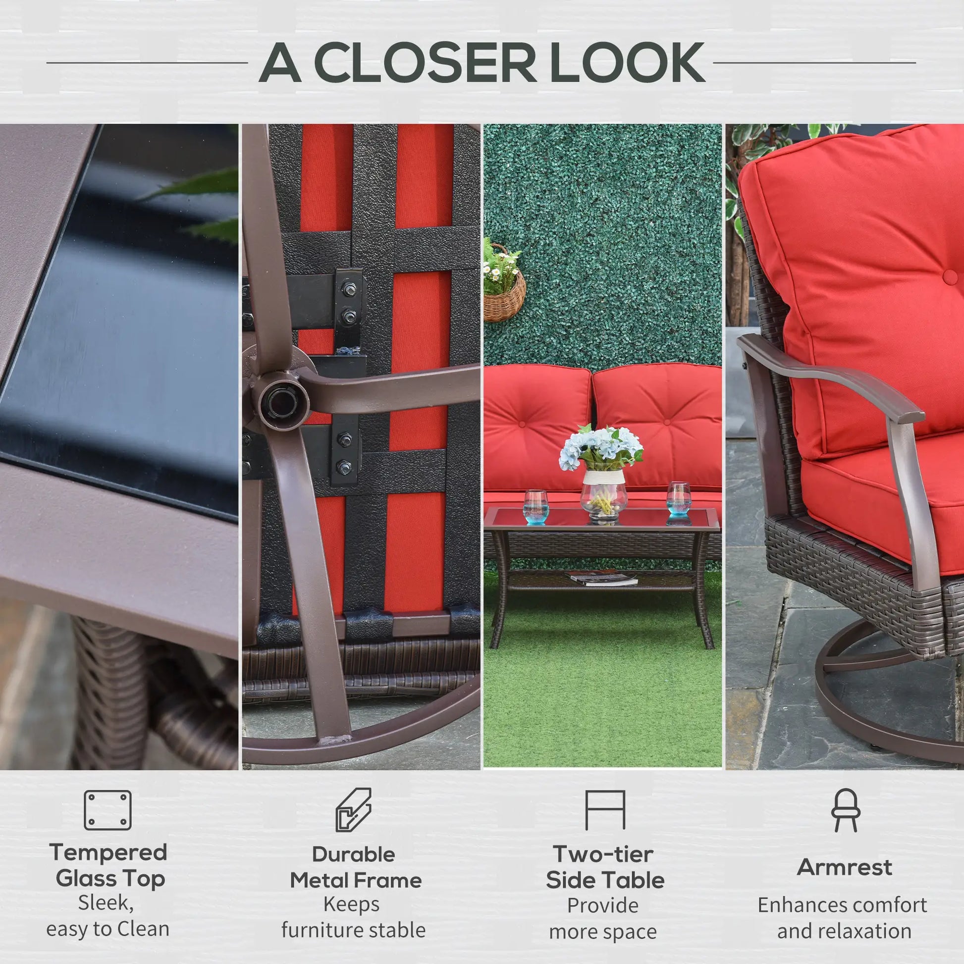 4 PCS PE Rattan Wicker Sofa Set, Outdoor Conversation Furniture, Two Tier Tea Table, Cushions, Red Patio Furniture Sets at Gallery Canada