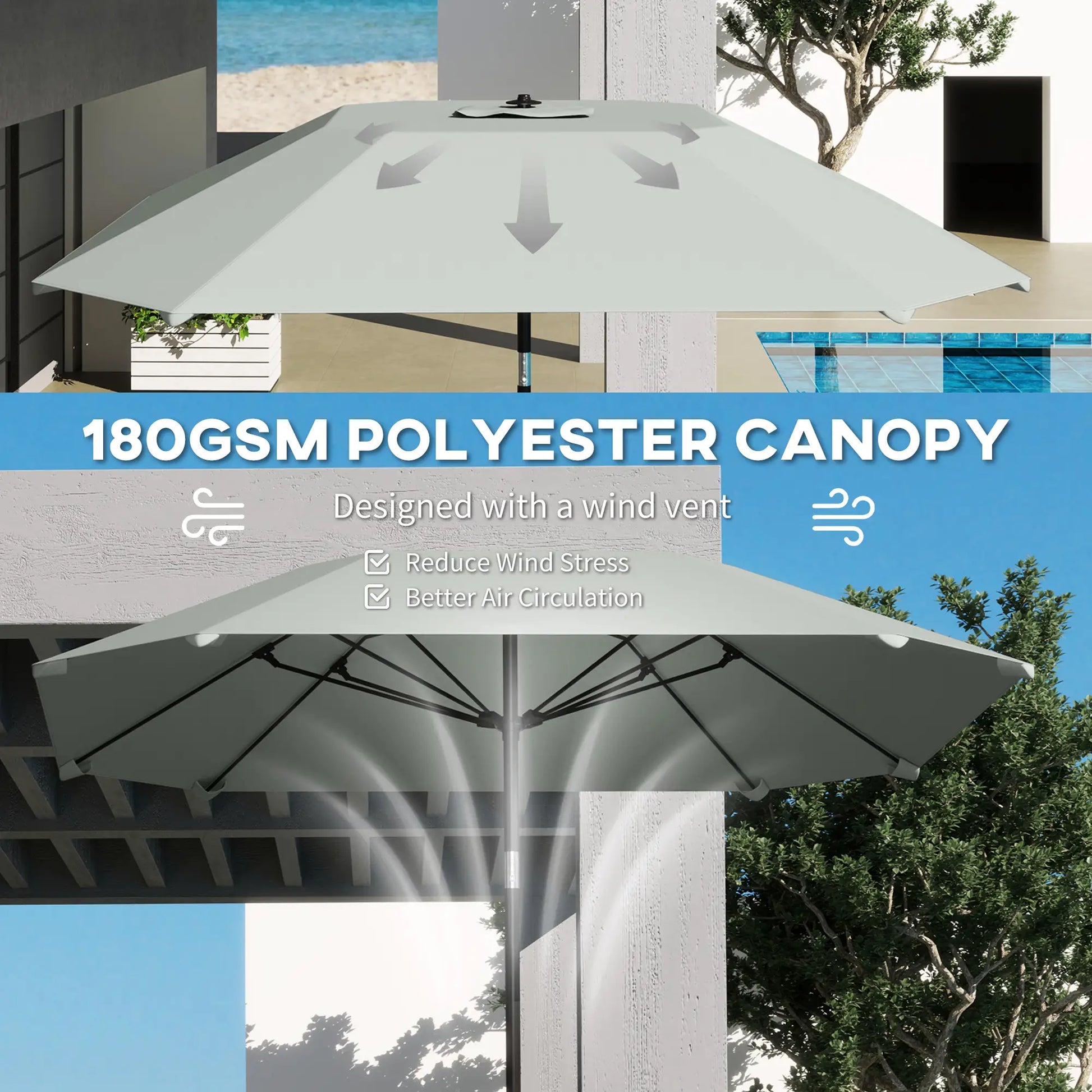 7.6FT Aluminum Patio Umbrella, 8 Ribs, Crank Tilt, Light Grey Sun Umbrellas at Gallery Canada