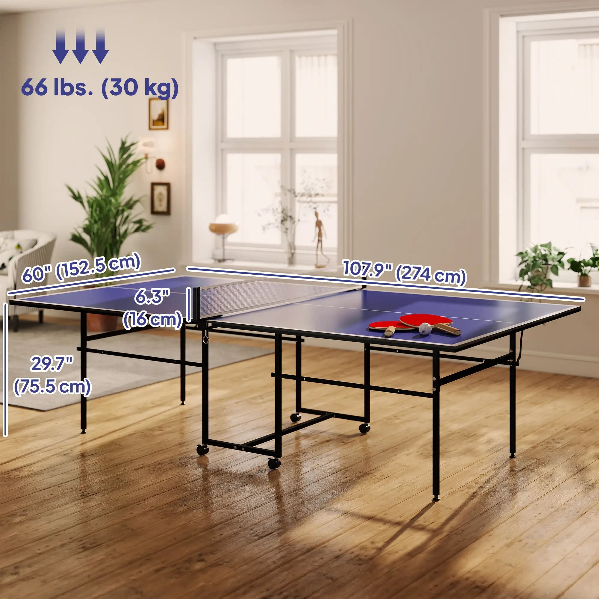Full Size Table Tennis Table, Folding with Net, Paddles, Balls, Wheels, Blue Game Tables at Gallery Canada