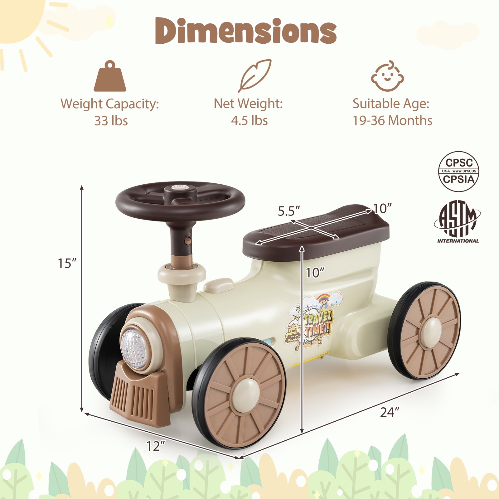 Ride on Toy with Steering Wheel and Train Whistle Sound Button, Beige Push & Pedal Ride On Toys at Gallery Canada