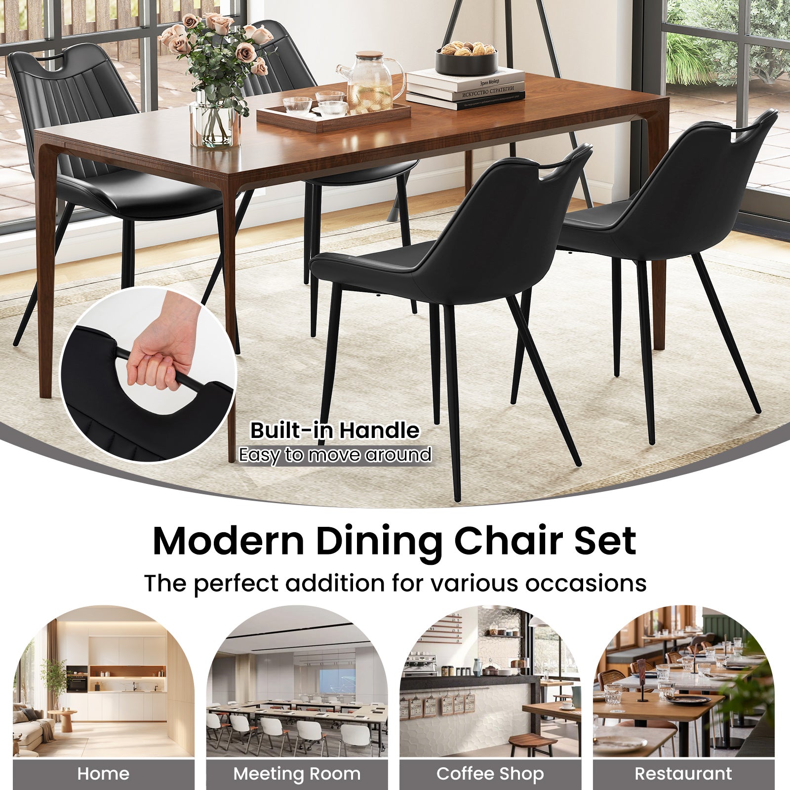 Dining Chair Set of 4 Faux Leather Upholstered Kitchen Chairs with Metal Legs, Black Kitchen & Dining at Gallery Canada