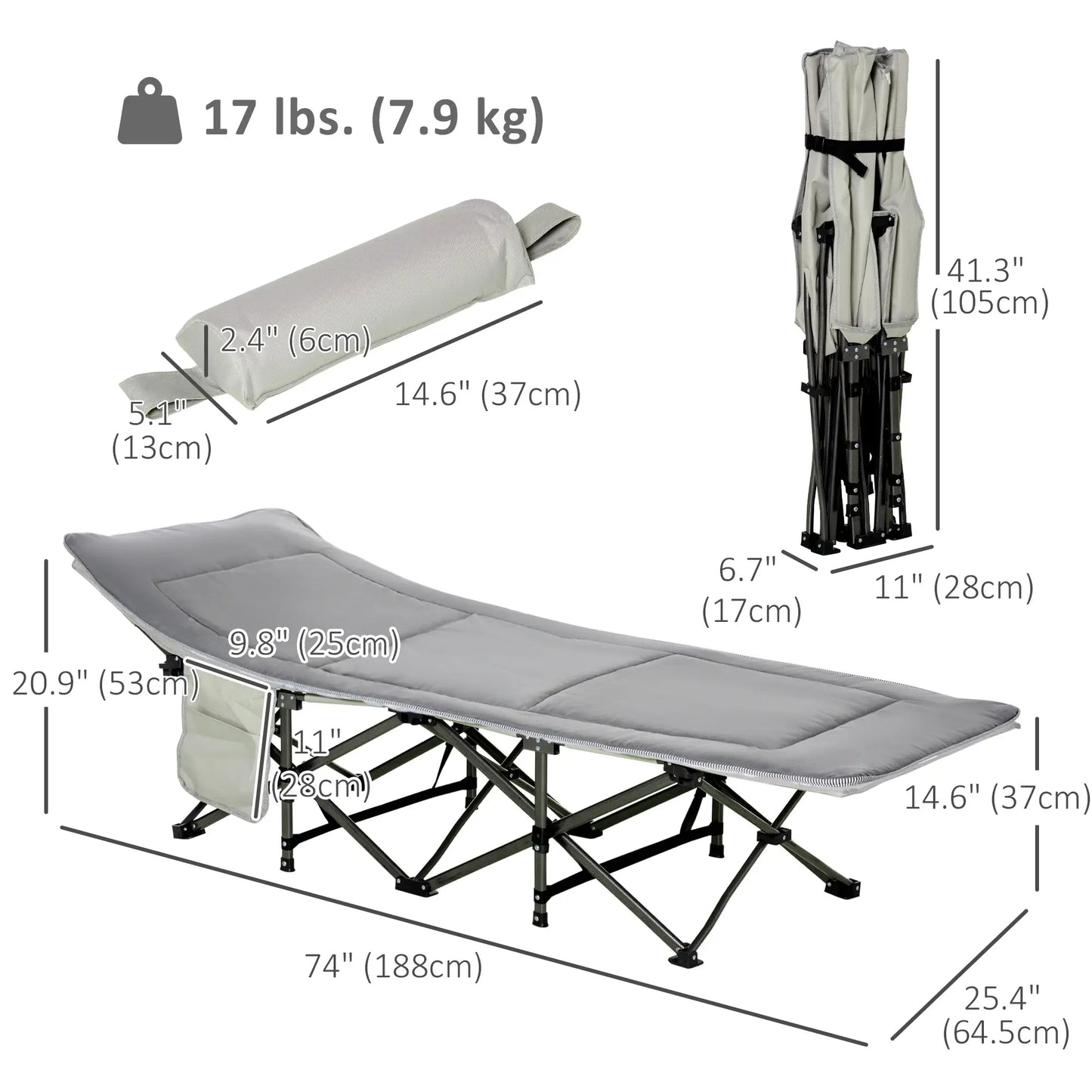 Folding Camping Cot with Mattress, Pillow, Double Layer Oxford, Carry Bag, Light Grey Camping Cots at Gallery Canada