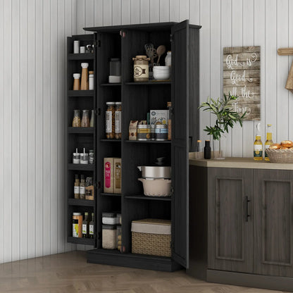 70" Tall Kitchen Pantry Cabinet, Adjustable Shelves, Black Wood Grain, Black Kitchen Pantry Cabinets at Gallery Canada