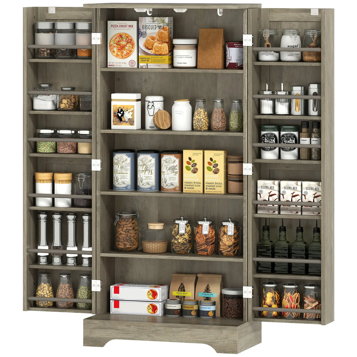 50" Pantry Storage Cabinet, Farmhouse Style, Adjustable Shelves, Distressed Grey, Grey Kitchen Pantry Cabinets Distressed Grey at Gallery Canada
