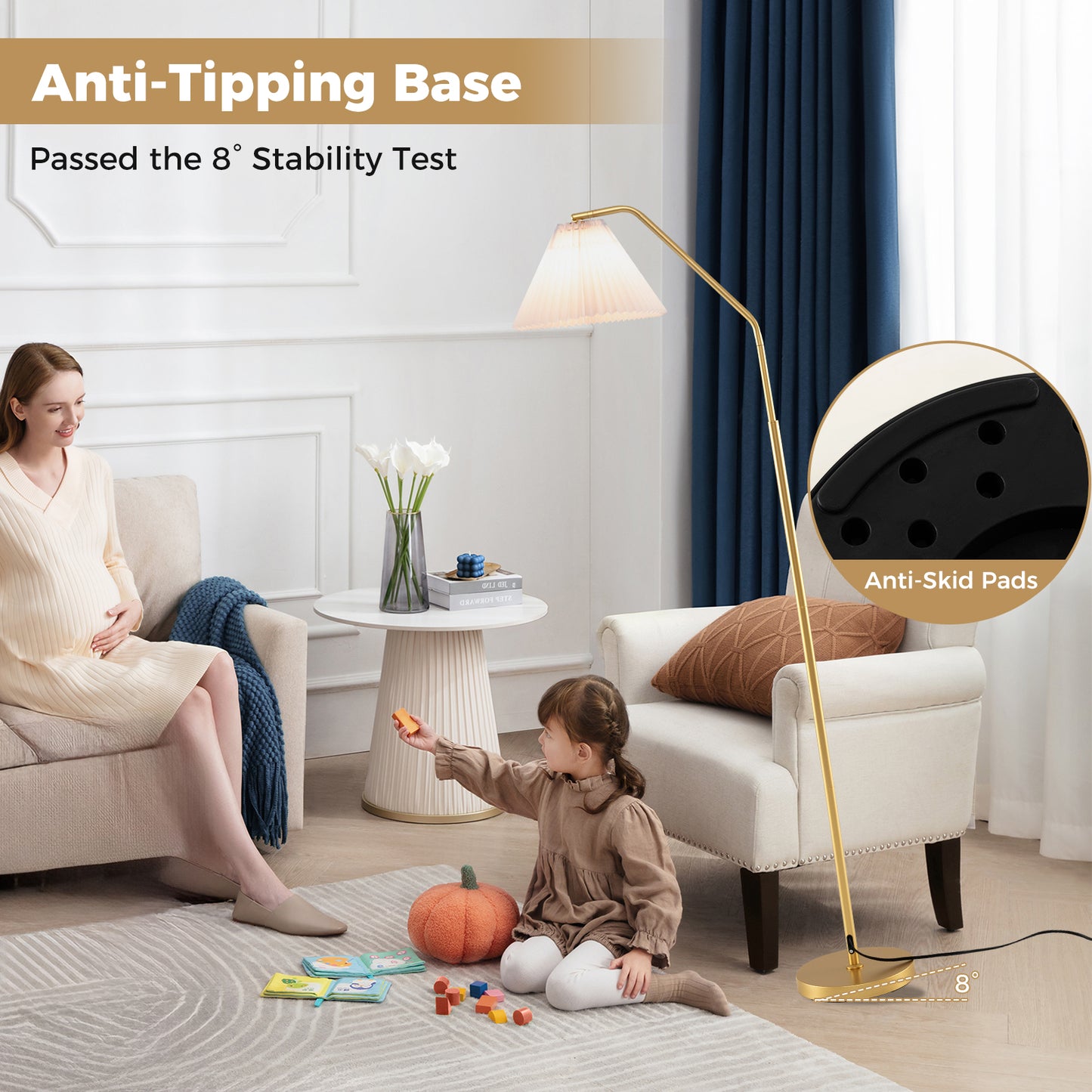 66" Arc Floor Lamp Modern Standing Lamp with Adjustable Lamp Head Pleated Lampshade & Foot Switch Tall Lamp Reading for Living Room Bedroom & Office Table & Floor Lamps at Gallery Canada