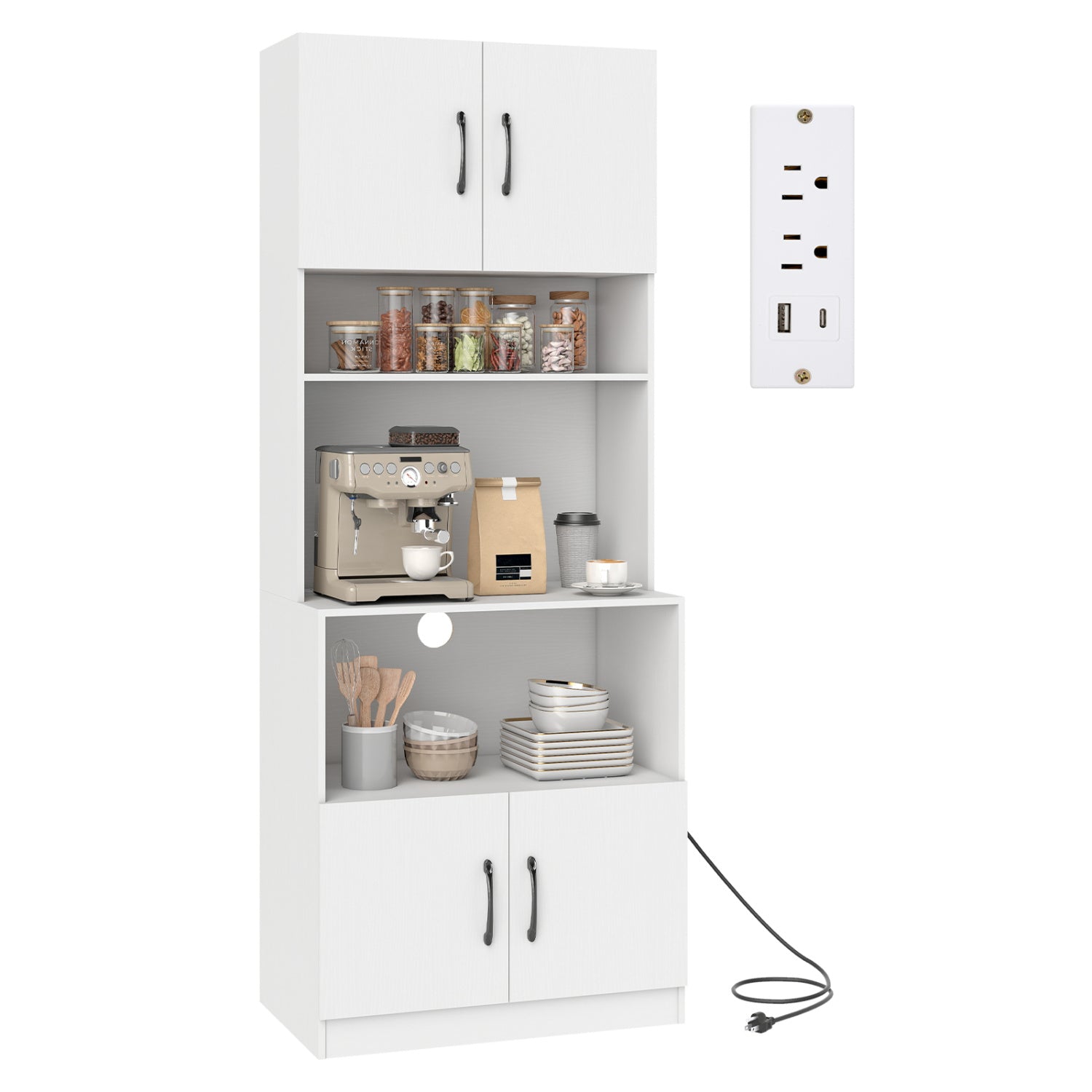 66 Inch Kitchen Pantry Cabinet, Charging Station, Adjustable Shelves, White Sideboards Cabinets & Buffets at Gallery Canada