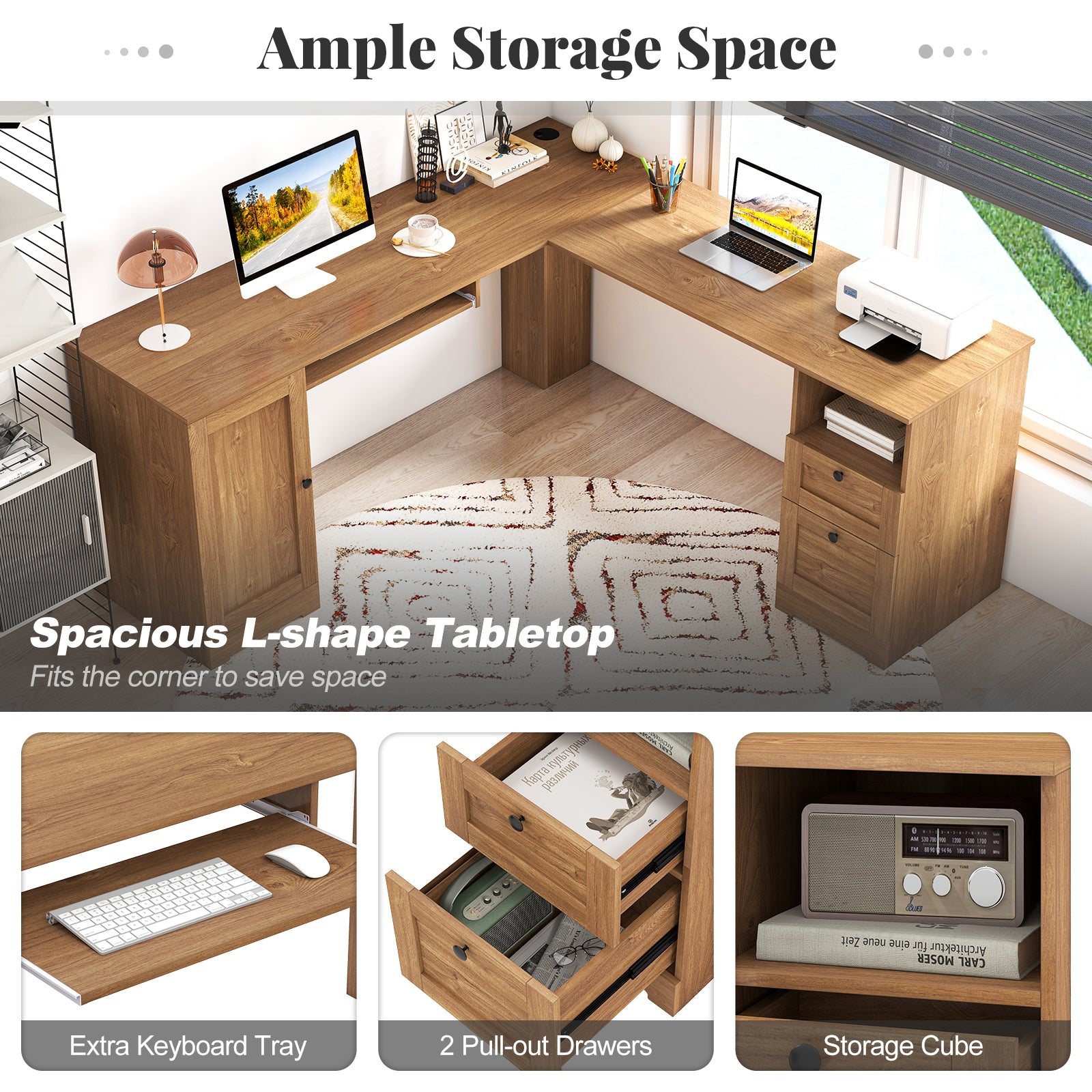66 Inch L-Shaped Computer Desk, Oak L-Shaped Desks at Gallery Canada