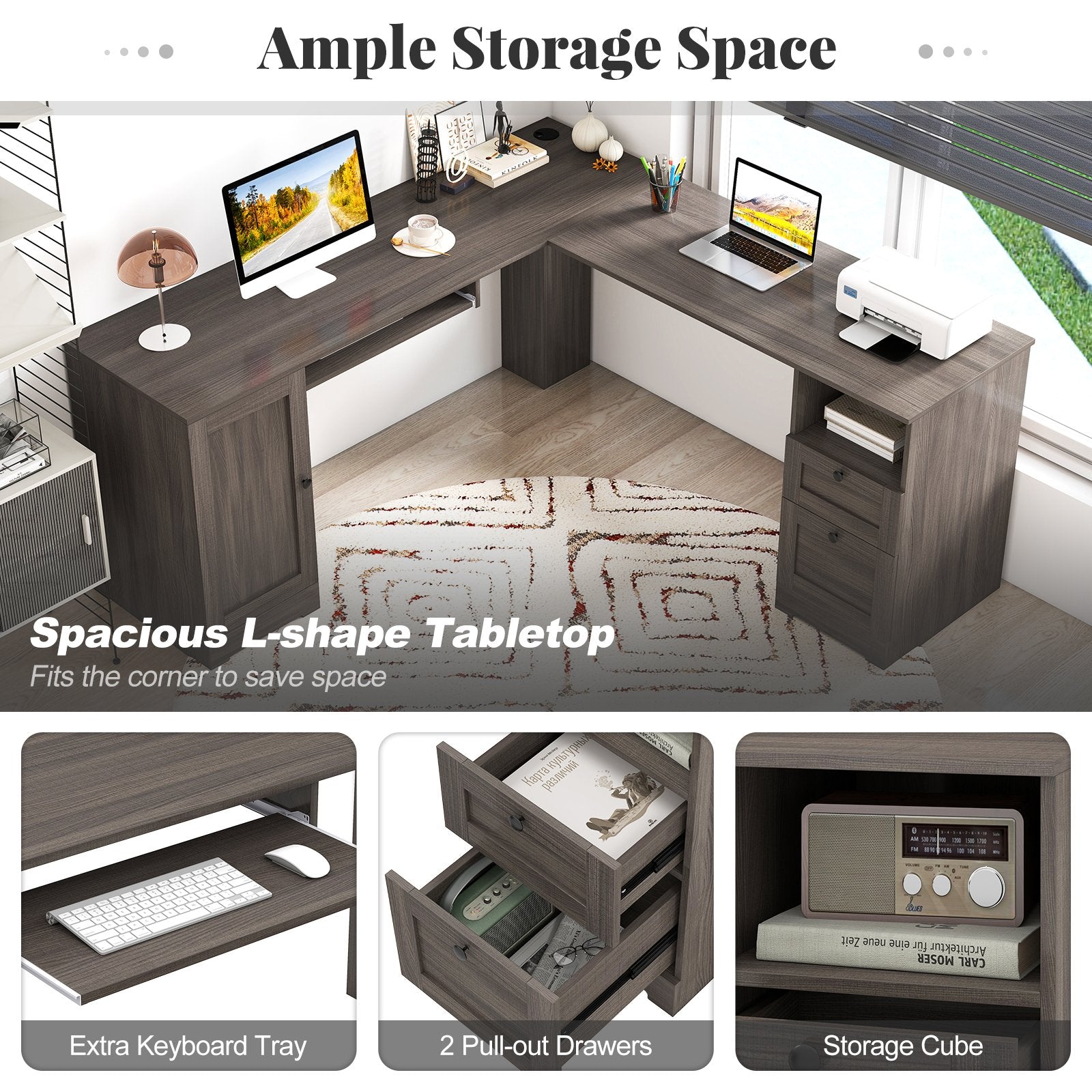 66 Inch L-Shaped Computer Desk, Dark Gray L-Shaped Desks at Gallery Canada