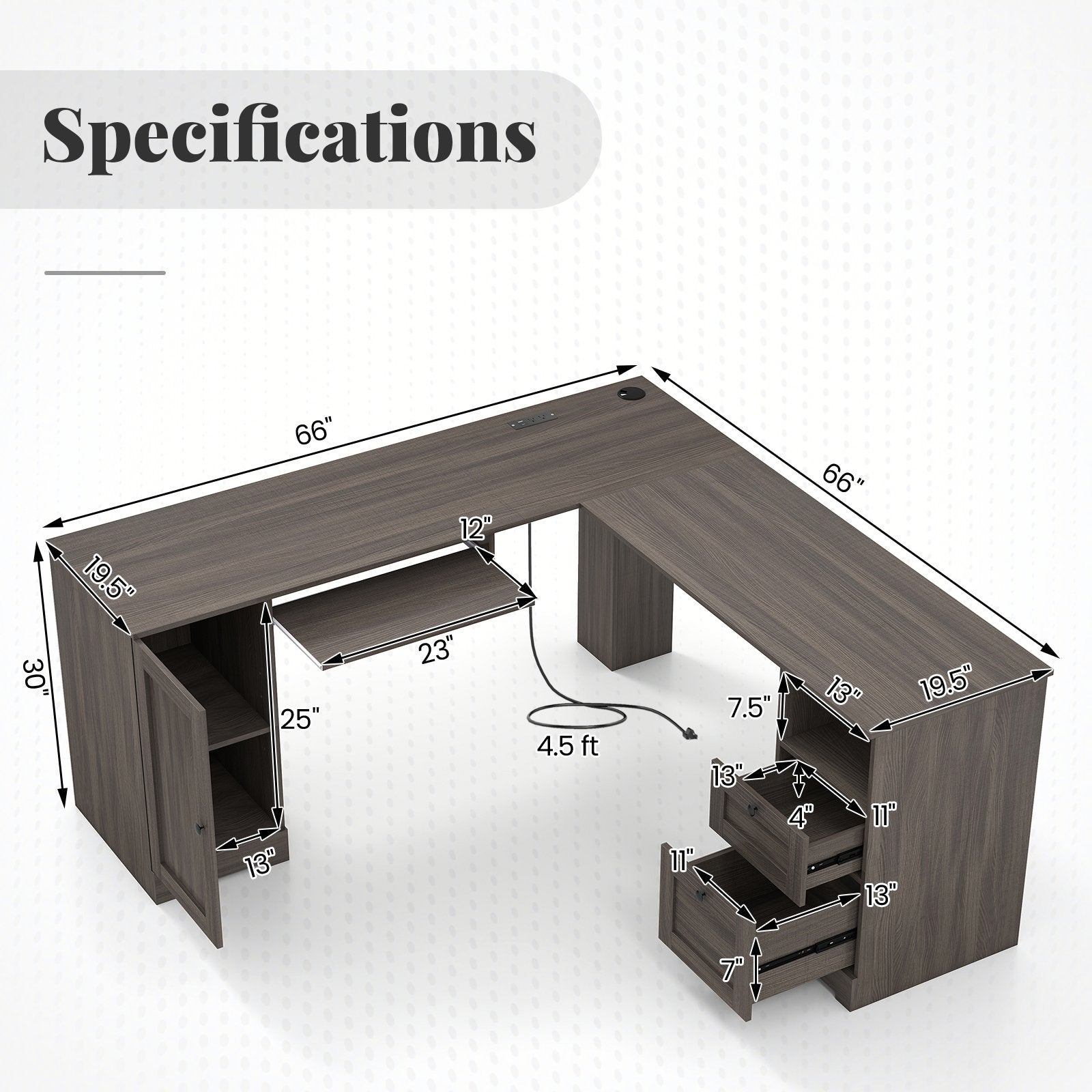 66 Inch L-Shaped Computer Desk, Dark Gray L-Shaped Desks at Gallery Canada