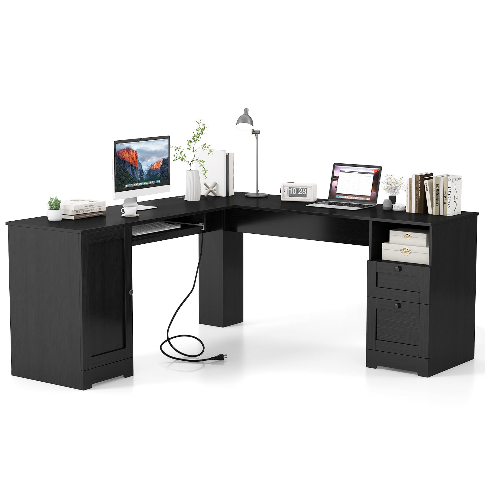 66 Inch L-Shaped Writing Study Workstation Computer Desk with Drawers, Black L-Shaped Desks Black at Gallery Canada