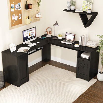 66 Inch L-Shaped Writing Study Workstation Computer Desk with Drawers, Black L-Shaped Desks at Gallery Canada