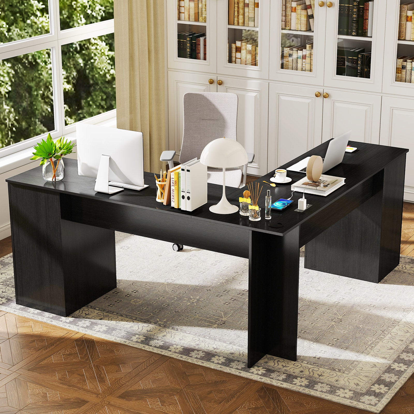 66 Inch L-Shaped Writing Study Workstation Computer Desk with Drawers, Black L-Shaped Desks at Gallery Canada