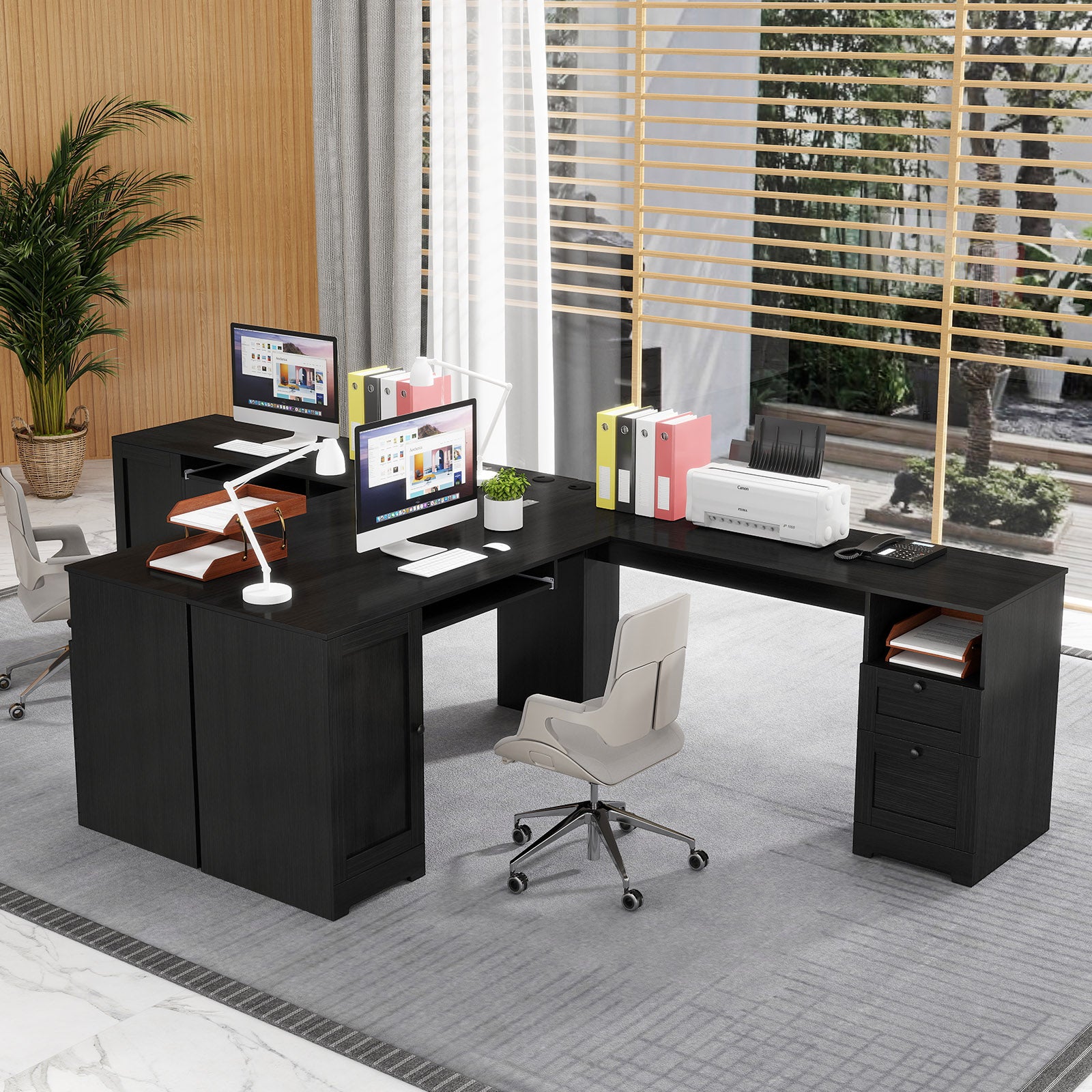 66 Inch L-Shaped Writing Study Workstation Computer Desk with Drawers, Black L-Shaped Desks at Gallery Canada