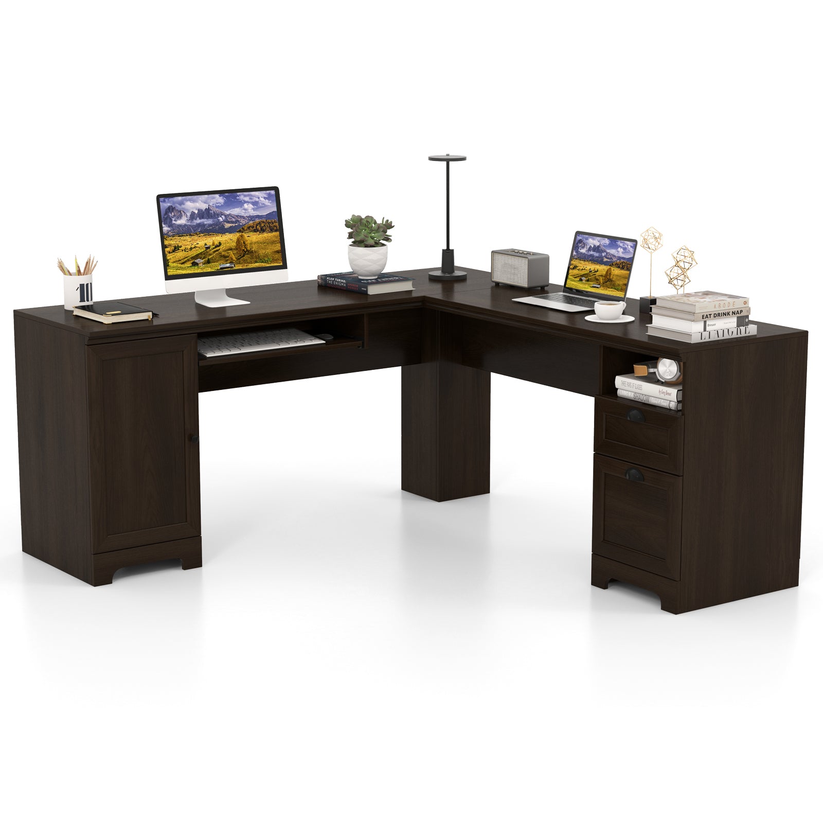 66 Inch L-Shaped Writing Study Workstation Computer Desk with Drawers, Dark Brown L-Shaped Desks Dark Brown at Gallery Canada