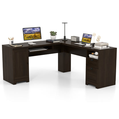 66 Inch L-Shaped Writing Study Workstation Computer Desk with Drawers, Dark Brown L-Shaped Desks Dark Brown at Gallery Canada